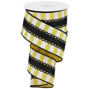 2.5" Lace On Horizontal Stripe Ribbon: Black, Yellow, White (10 Yards)