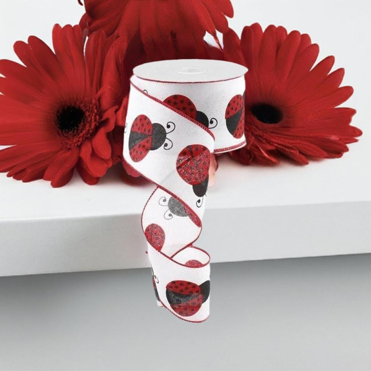 2.5" Ladybug Ribbon: White, Red, Black (10 Yards)