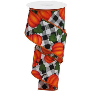2.5" Leaves Pumpkin on Check Ribbon: White (10 Yards)