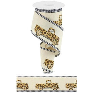 2.5" Leopard Truck Gingham Edge Ribbon: Cream (10 Yards)