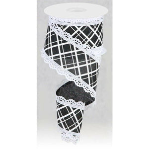 2.5" Line Check Lace Ribbon: Black/White (10 Yard)