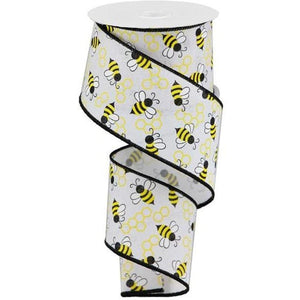 2.5" Mini Bumblebees on Royal Ribbon: White (10 Yards)