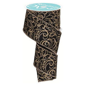 2.5" Multi Swirls Glitter Ribbon: Black/Gold (10 Yard)