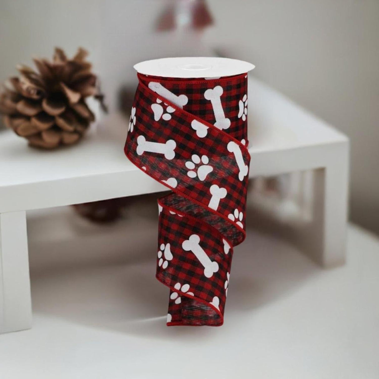 2.5" Paw Print Bone Check Ribbon: Red/Black (10 Yards)