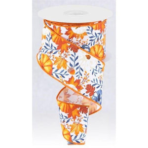 2.5" Pumpkin Foliage Ribbon: White/Navy (10 Yards)