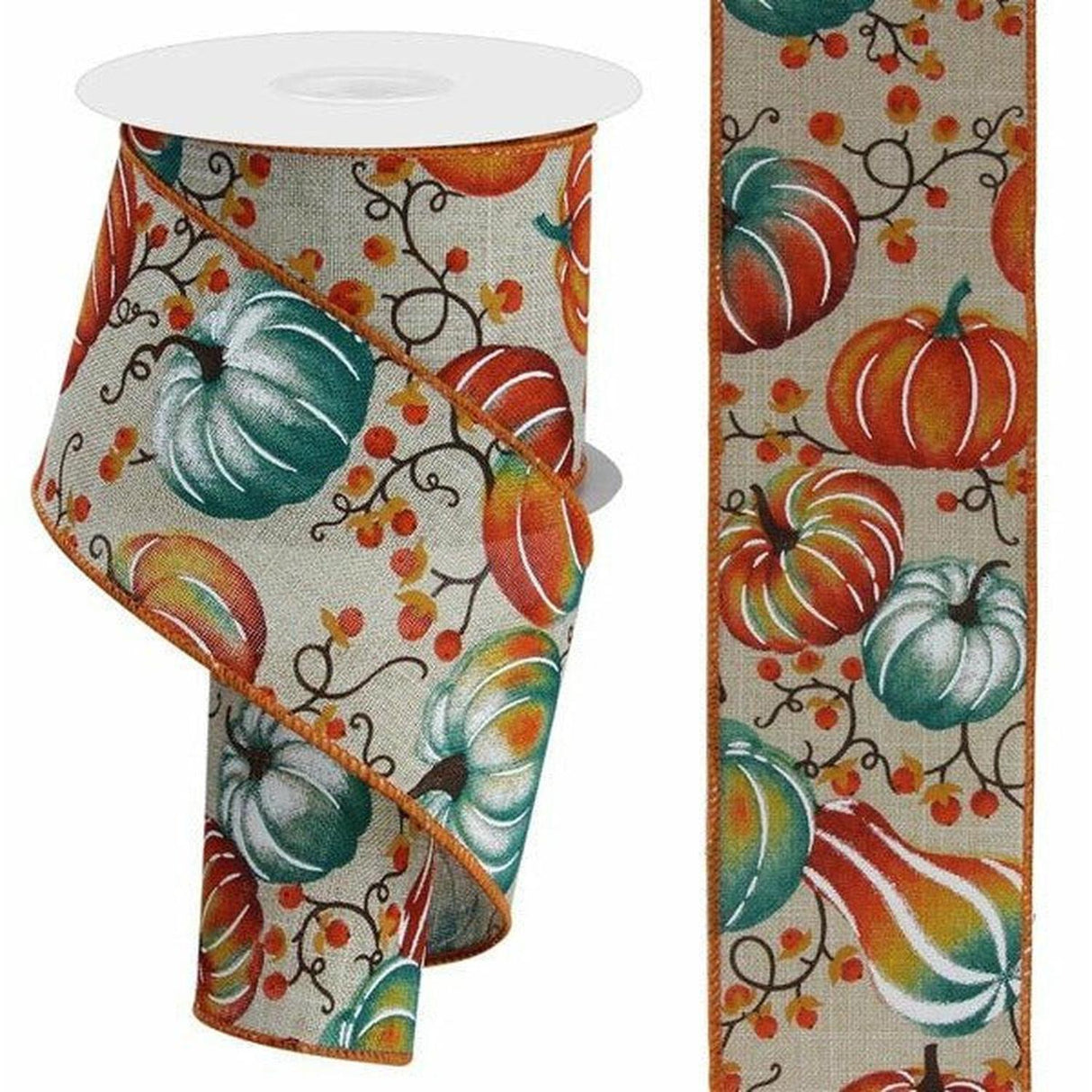 2.5" Pumpkins Bittersweet Ribbon: Light Natural/Teal (10 Yards)
