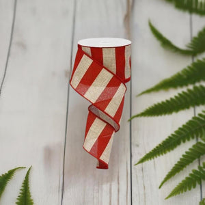 2.5" Royal Canvas Wide Stripe Ribbon: Natural & Red (10 Yards)