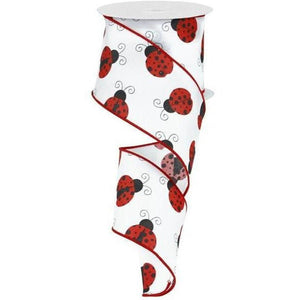 2.5" White Satin Ladybug Ribbon (10 Yards)