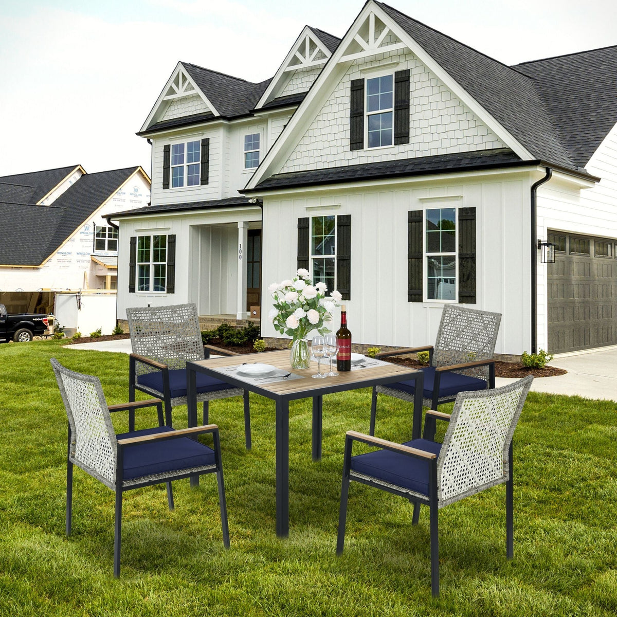 5 Piece Patio Dining Table Set, Acacia Wood Table Top With Umbrella Hole