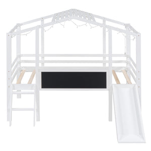 Loft House Bed With Ladder And Slide, With board And Light Strip On The Roof