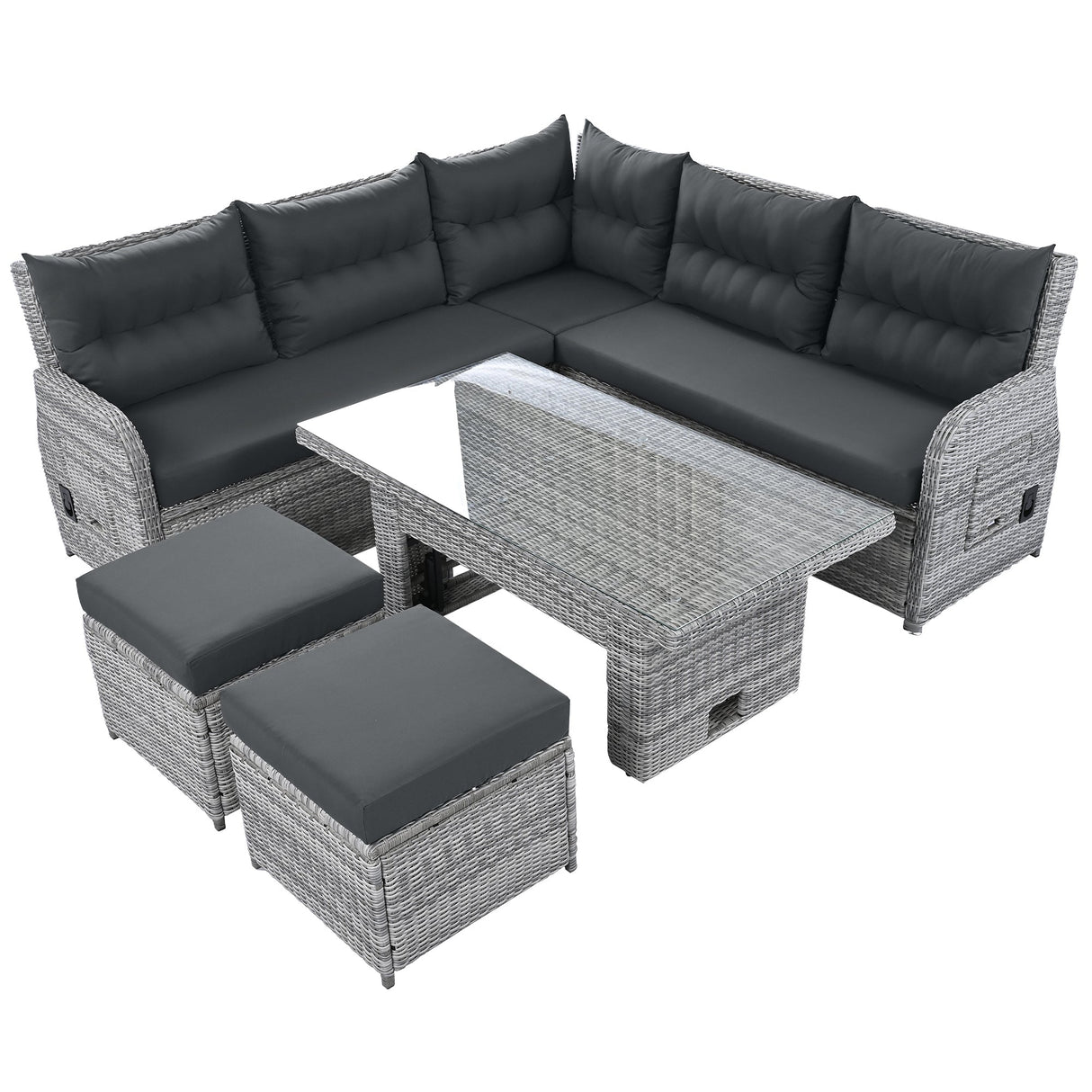 Outdoor Furniture Set Patio Rattan Furniture with Adjustable Table, Recliners, Side Tables, Ottomans