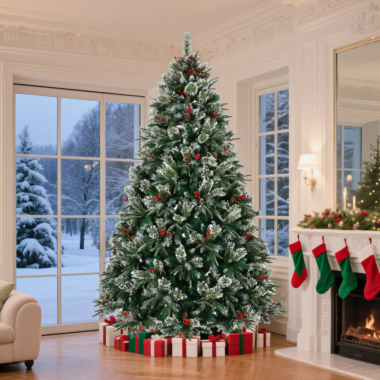 Artificial Christmas Tree 8Ft Snow Frosted Xmas Tree Pre-Decorated
