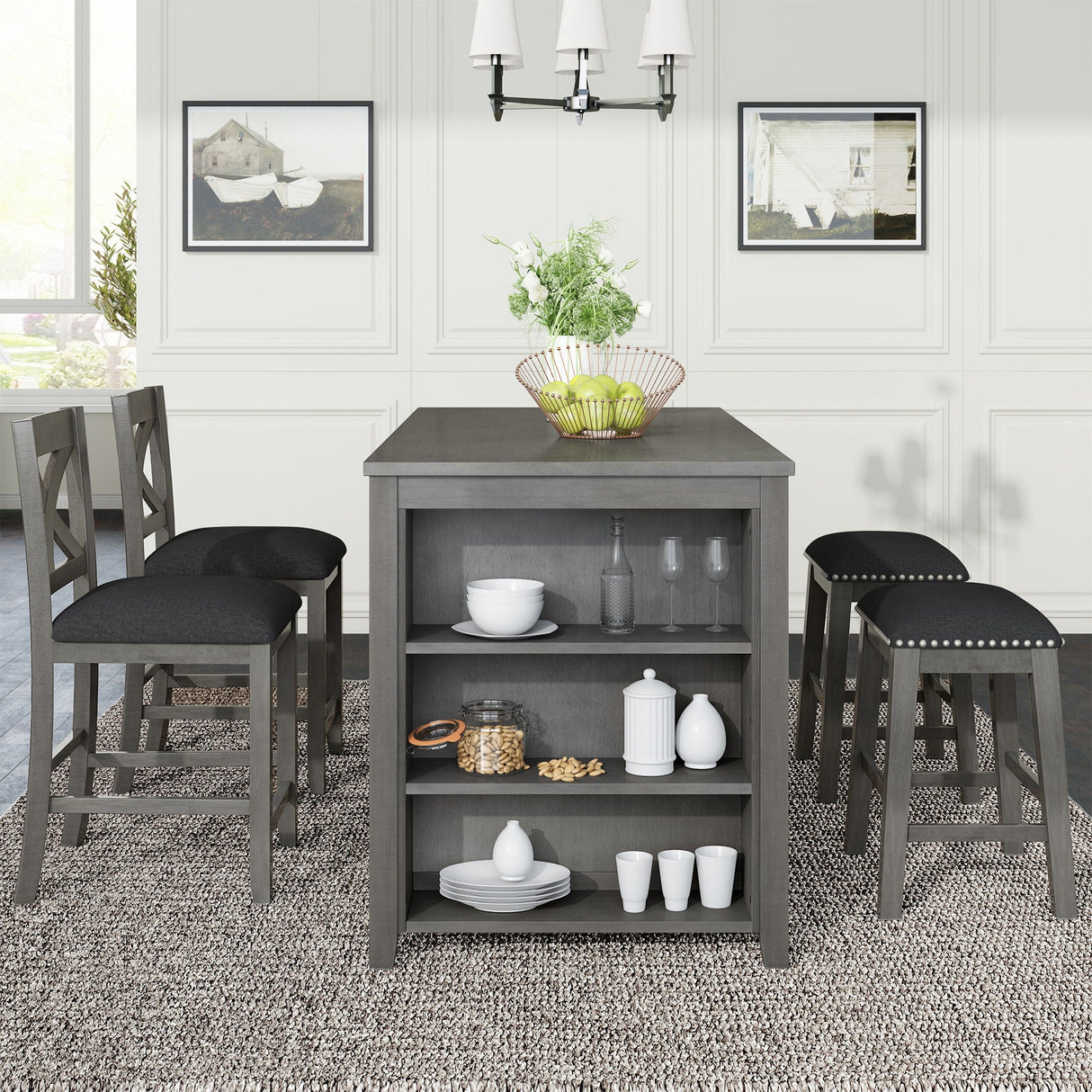 5 Pieces Counter Height Rustic Farmhouse Dining Room Wooden Bar Table Set With 2 Stools And 2 Chairs