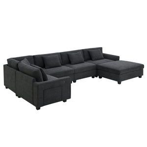 U Shaped Sectional Sofa 6 Seat Couch Set With Oversized Ottoman, Hidden Armrest Storage And Cup Holders USB Charging Ports Wide Seat Sofa