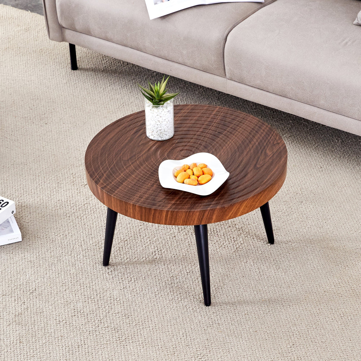 Modern Round Coffee Table - Walnut Pattern MDF And Black Metal Legs