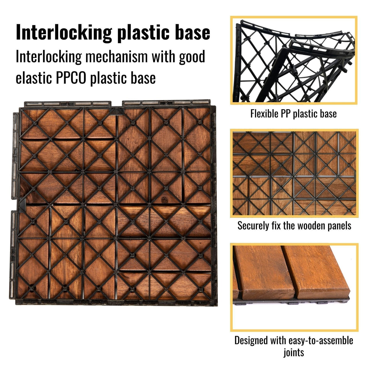 Acacia Wood Interlocking Deck Tiles Checker Pattern For Outdoor Flooring