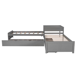 L Shaped Platform Bed With Trundle And Drawers Linked With Built In Desk