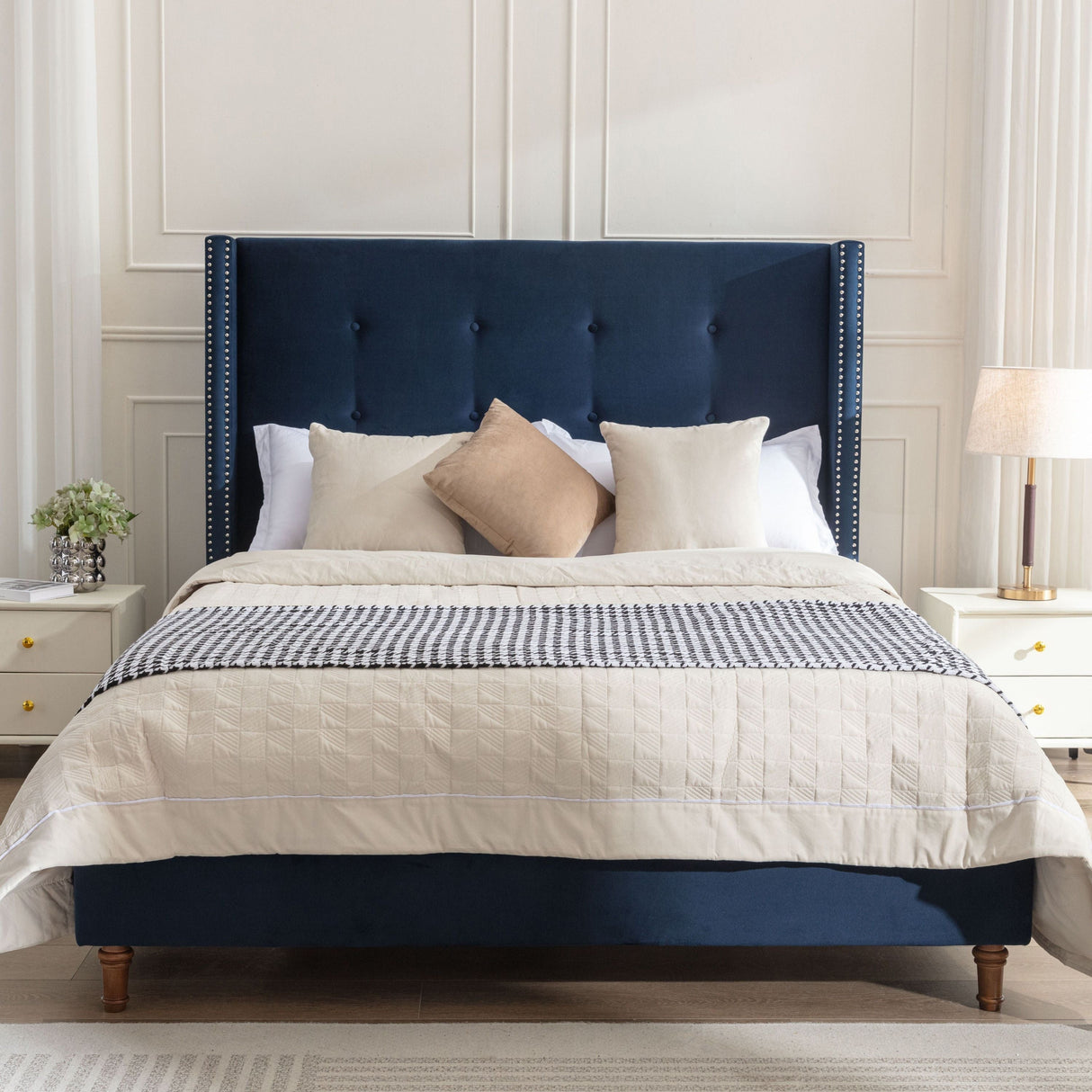 Peyton Upholstered Queen Bed with Blue Velvet