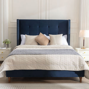 Peyton Upholstered Queen Bed with Blue Velvet