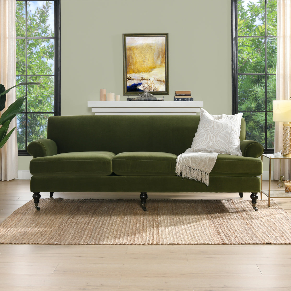 Alana lawson three-cushion tightback sofa, olive green performance velvet
