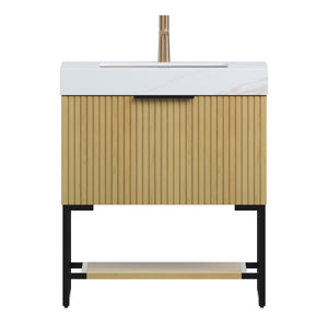 YOLAN 30" Bathroom Vanity & Sink, Freestanding Striped Plywood Storage Cabinet
