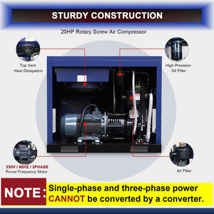 20HP Rotary Screw Air Compressor with 74 CFM Output - Dark Blue