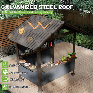 9.4X6.2 FT Hardtop Grill Gazebo, Gable Outdoor Grill Gazebo with Storage Shelves & Resin Shade System, Galvanized Steel Metal Hard top Gazebo for Patio Backyard Garden -Brown
