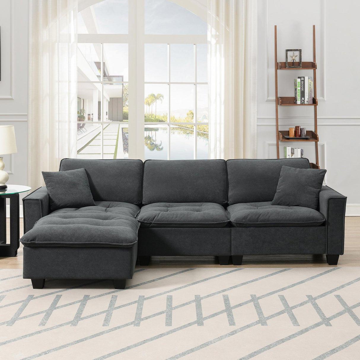 Leland Suede-Tufted L-Shaped Sectional With Ottoman
