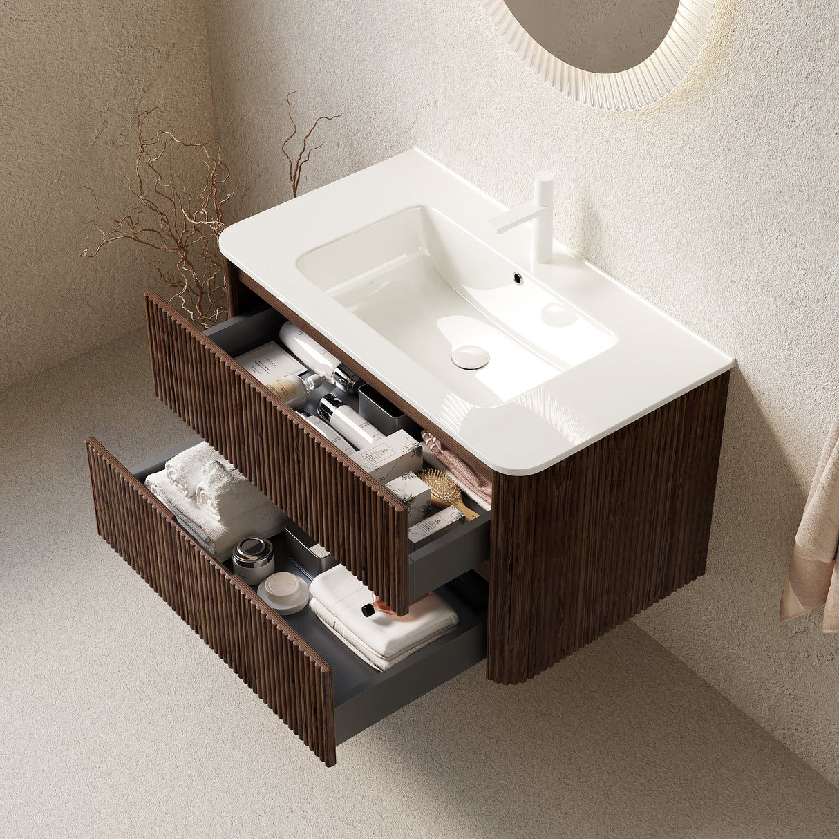 Noor 36" Bathroom Vanity with Sink, Wall-Mounted Floating Plywood Cabinet with 2 Drawers