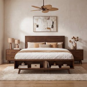 Walnut Queen Size Platform Bed Frame with Footboard Storage
