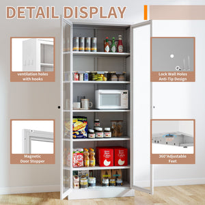 Industrial Metal Kitchen Pantry Cabinet With Adjustable Shelves - White