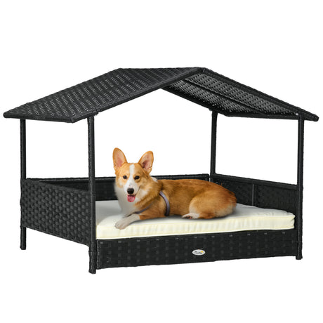 PawHut-Wicker-Dog-House-Outdoor-with-Canopy,-Rattan-Dog-Bed-with-Water-resistant-Cushion,-for-Small-and-Medium-Dogs,-Cream-White-Pet-Supplies