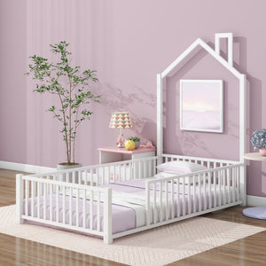 Metal House Platform Bed With Guardrail And Chimney