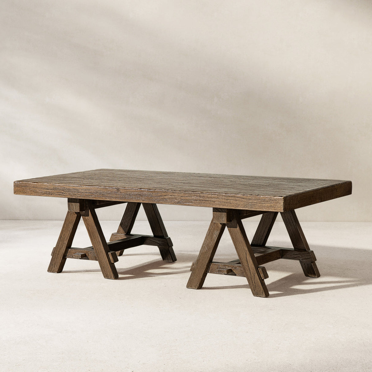 Hawthorne 48' Solid Reclaimed Elm Rectangular Trestle Coffee Table, Heritage Medium-Dark Brown