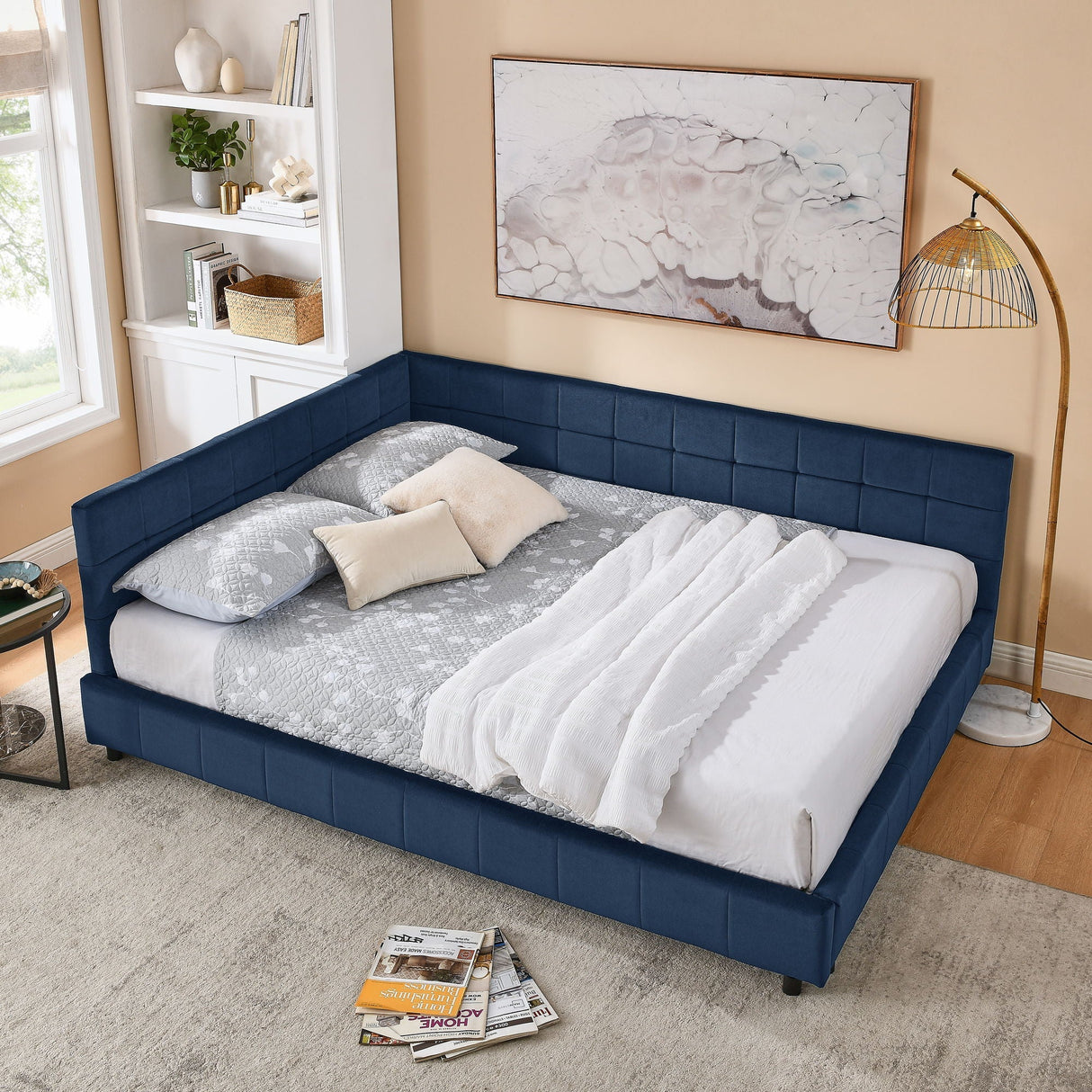 Mid-Century Storage Upholstered Tufted Bed Frame with Backrest and Armrests