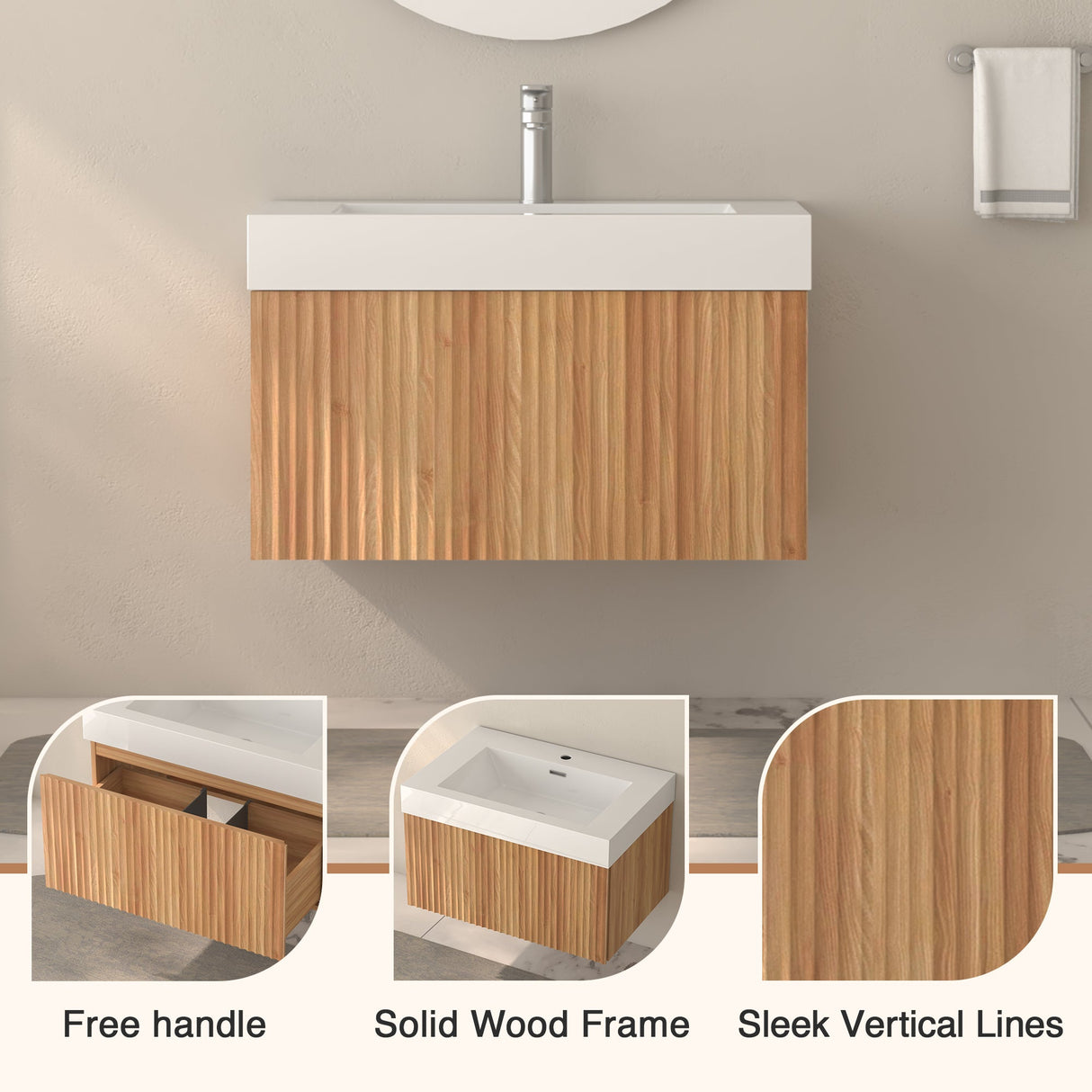 30" Bathroom Vanity with Sink - Wall Mounted Floating Cabinet