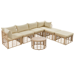 7 Pieces Outdoor Patio Furniture, All-Weather Rattan Sectional Sofa Set with Thick Cushions and Pillows, Freely Combined Conversation Sets for Garden, Backyard, Balcony, Brown