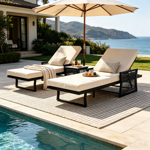 Black Iron Outdoor Chaise Lounge with Cream Cushion