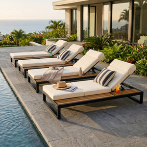 Black Iron & Teak Finish Chaise Lounge Set