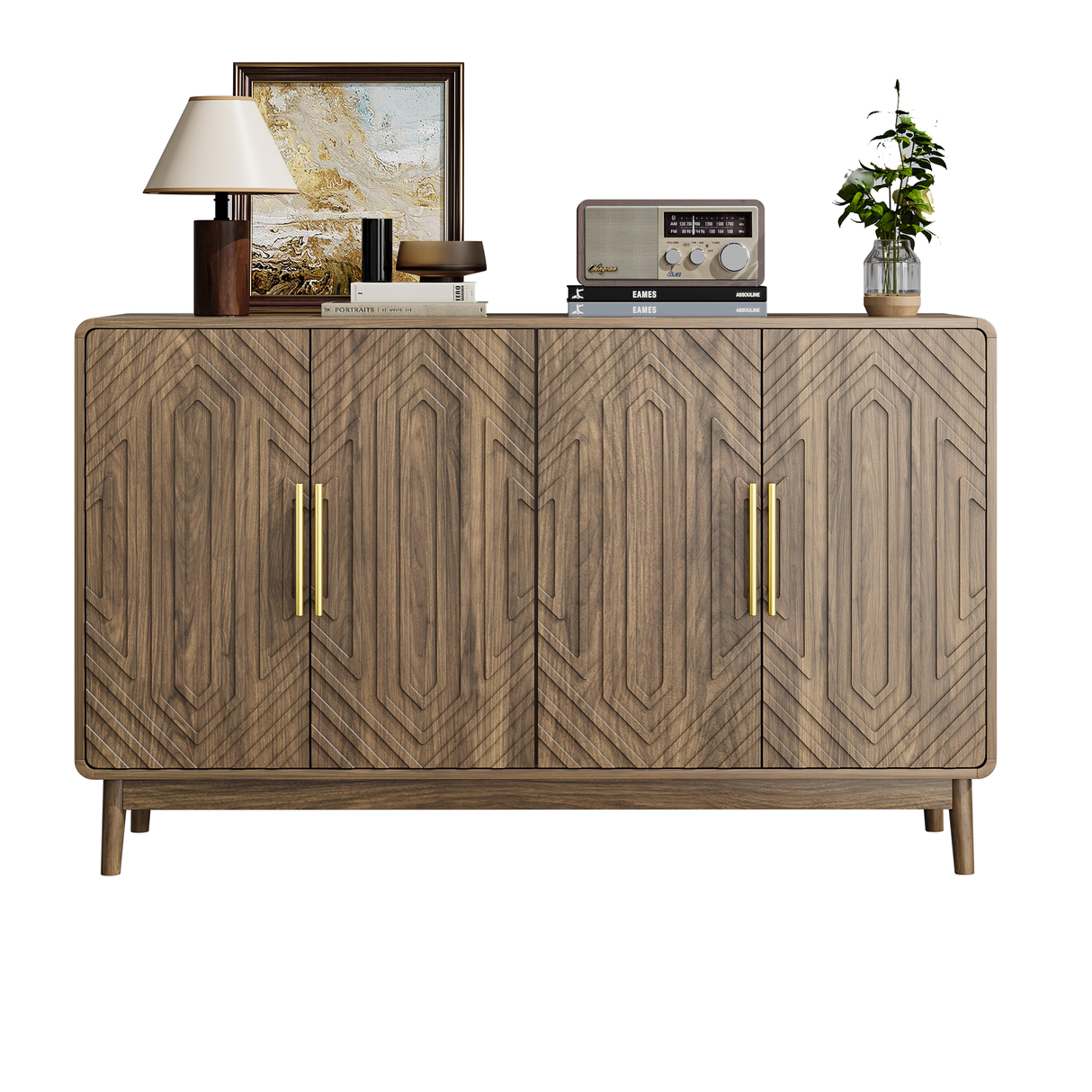 Wood Sideboard with 4 Doors and Metal Handle