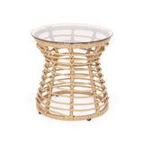 San Pedro Boho Style Side Table with Tempered Glass Top in Light Brown Rattan
