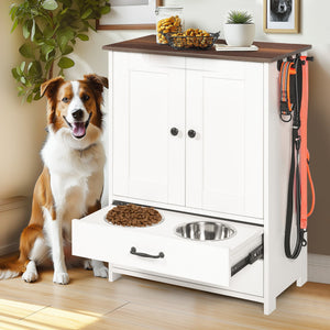 Dog Feeding Station Double Door Locker with 2 Adjustable Dog Bowls White