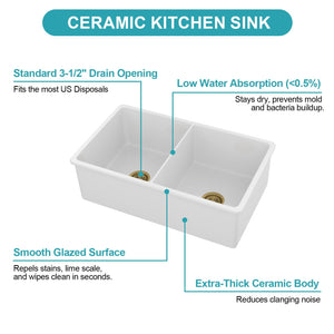 32" Undermount Double Bowl Kitchen Sink Rectangular Deep Dual Bas With Grids - White