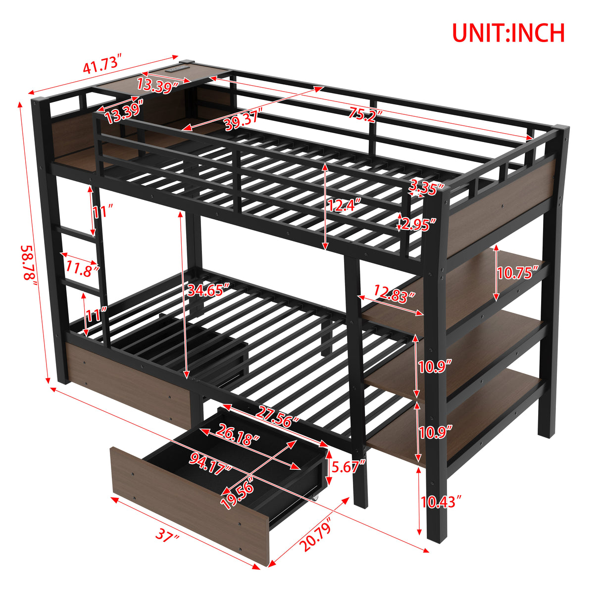 Twin Size Metal Bunk Bed with Storage Shelves, LED Light Strip, and USB Power Strip