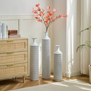 Modern Floor Vase Set – White & Black Metal Vases with Geometric Pattern – 3-Piece Home Decor Set in 24.8 in, 29.13 in & 33.85 in Heights
