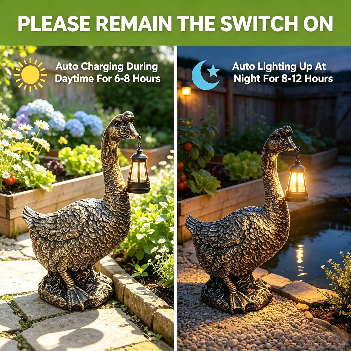 21'' Antique Bronze Goose Statue With Solar Lantern