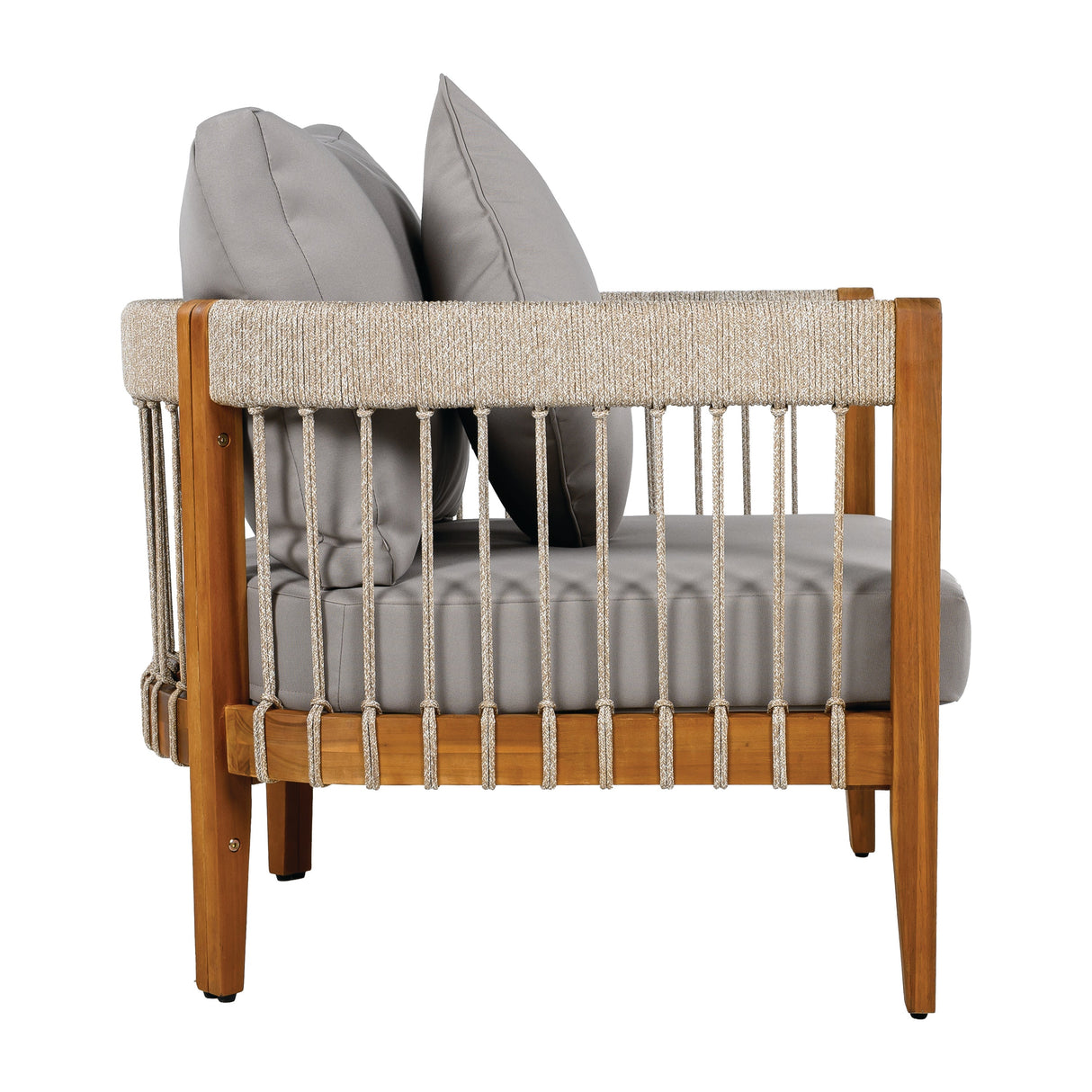Acacia Wood Outdoor Club Chair with Handwoven Rope Accents & Curved Backrest