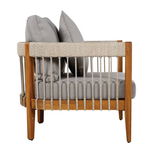 Acacia Wood Outdoor Club Chair with Handwoven Rope Accents & Curved Backrest