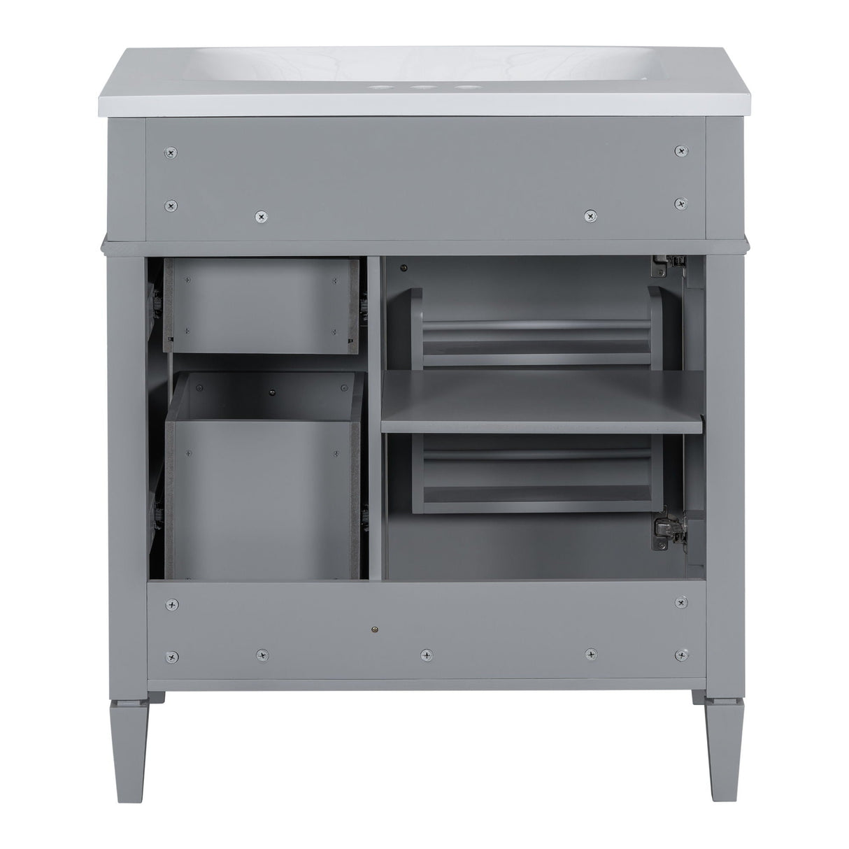 Bathroom Vanity With Top Sink, 2 Doors And 3 Drawers, Freestanding Set With Mirror Cabinet