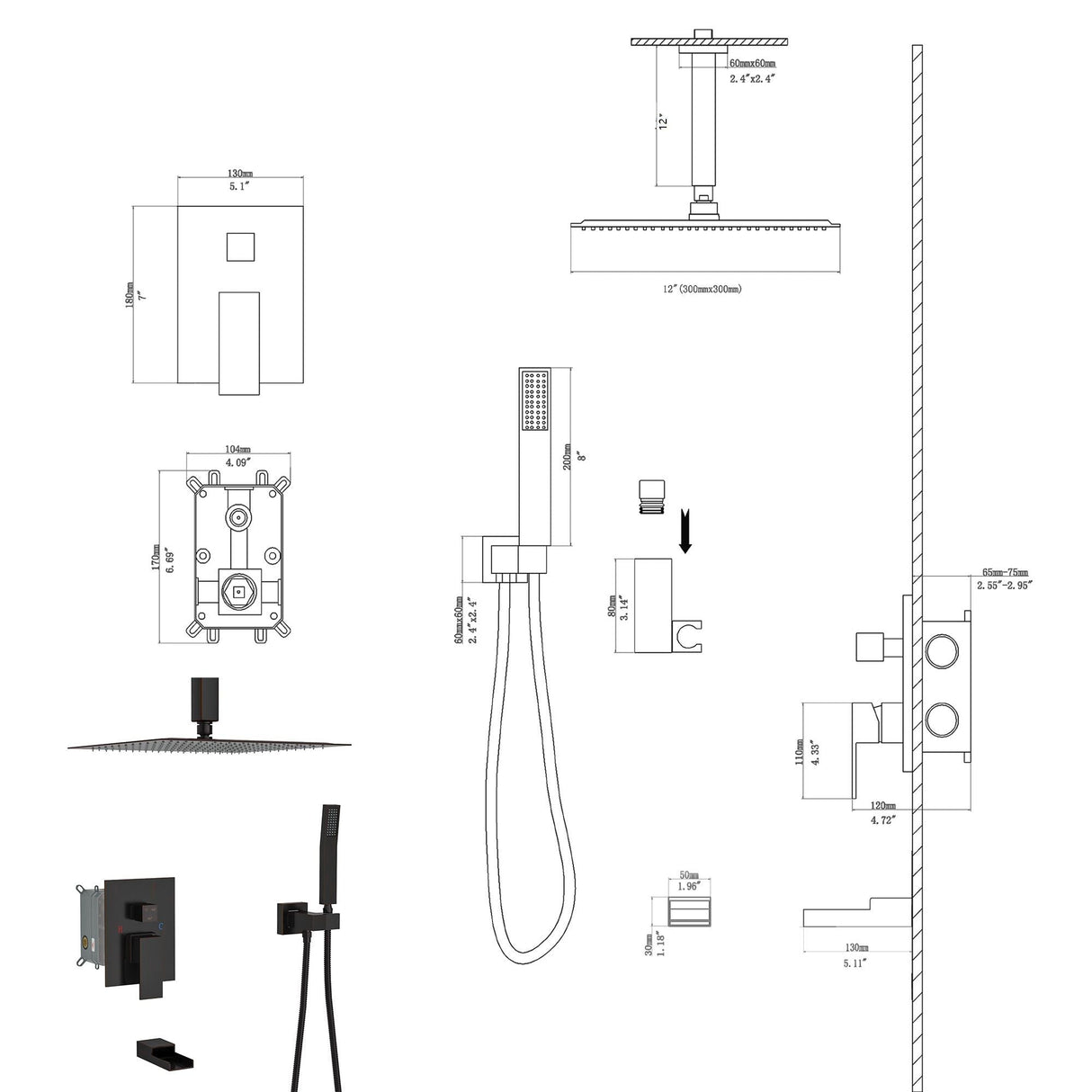 Modern Shower System With Waterfall Tub Spout, 12" Ceiling Mount Square Shower